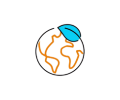 Icono de planeta con hoja azul representando sostenibilidad y medioambiente